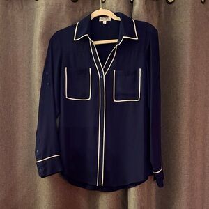 Express; Portofino Shirt - Navy Button-Up Blouse with White Trim